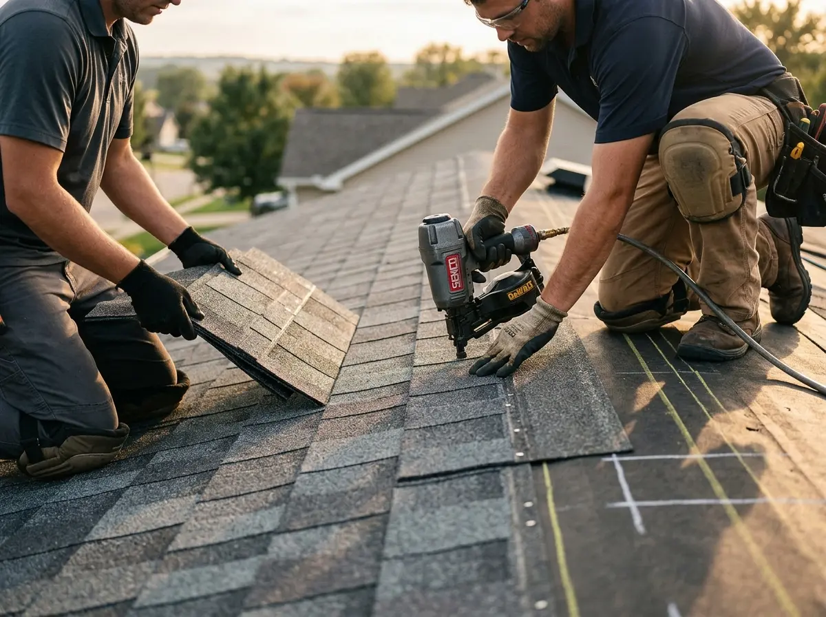 Professional roofer working on a residential roof in Badger